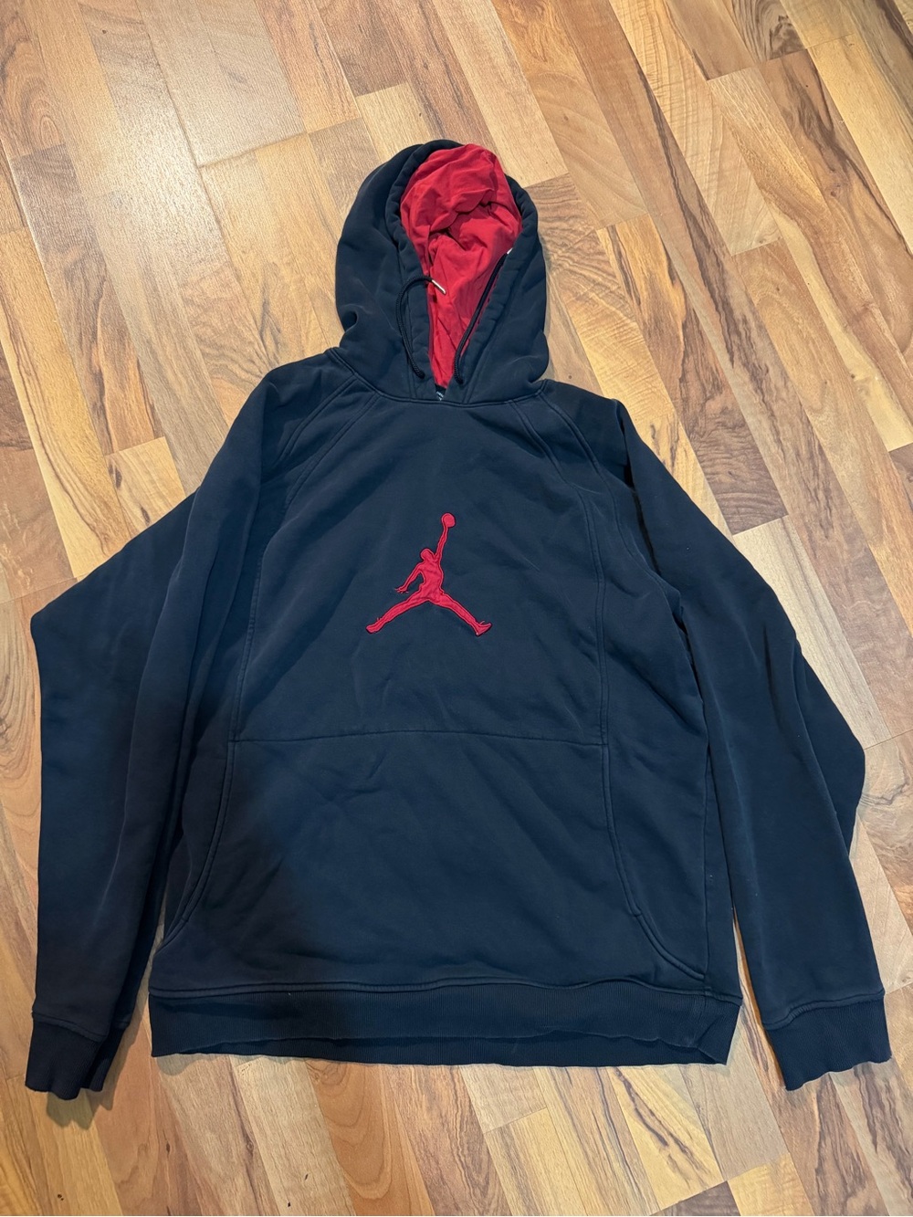 Jordan Men's Black Crewneck Hoodie with Red Jumpman and Red Lined Hood
